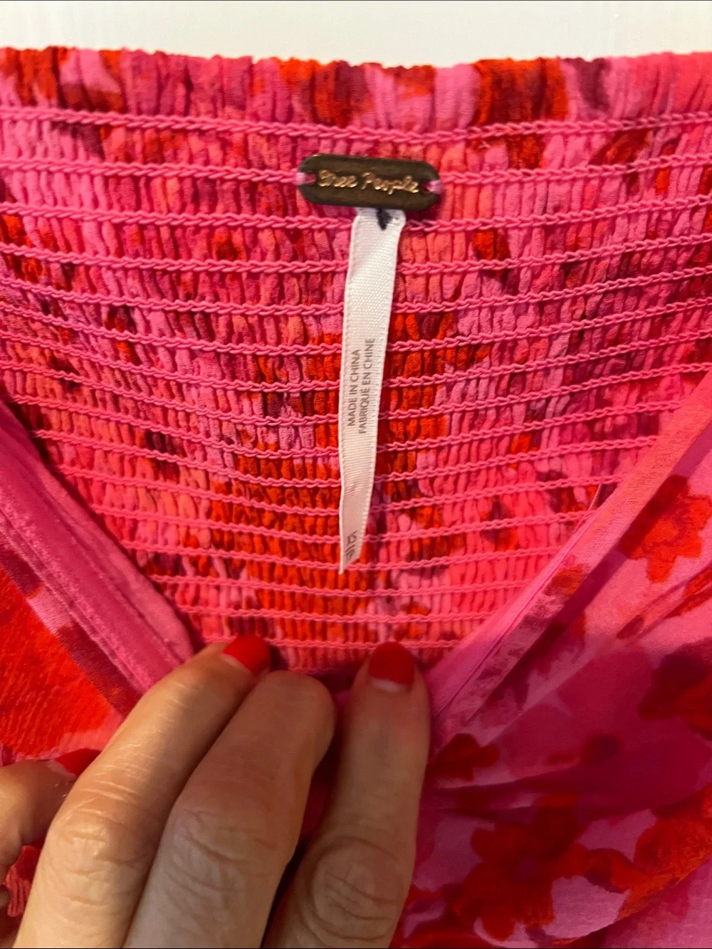Free People Pink and Red Floral Off-Shoulder Ruched Blouse